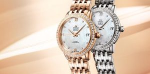 The luxury replica Omega De Ville watches are decorated with diamonds.