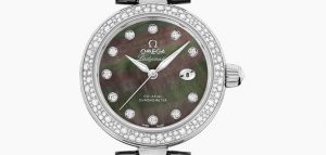 The 34 mm replica Omega De Ville Ladymatic 425.35.34.20.57.004 watches have colorful mother-of-pearl dials.