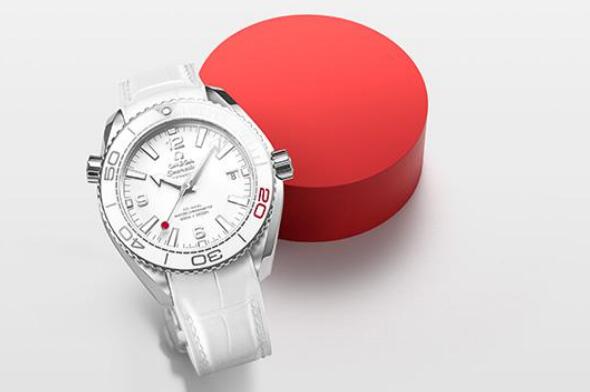 The overall design of this white Omega Seamaster symbolizes the Japanese flag.