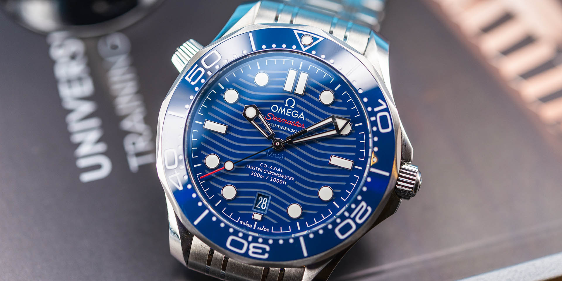 The waterproof copy watch has blue dial.